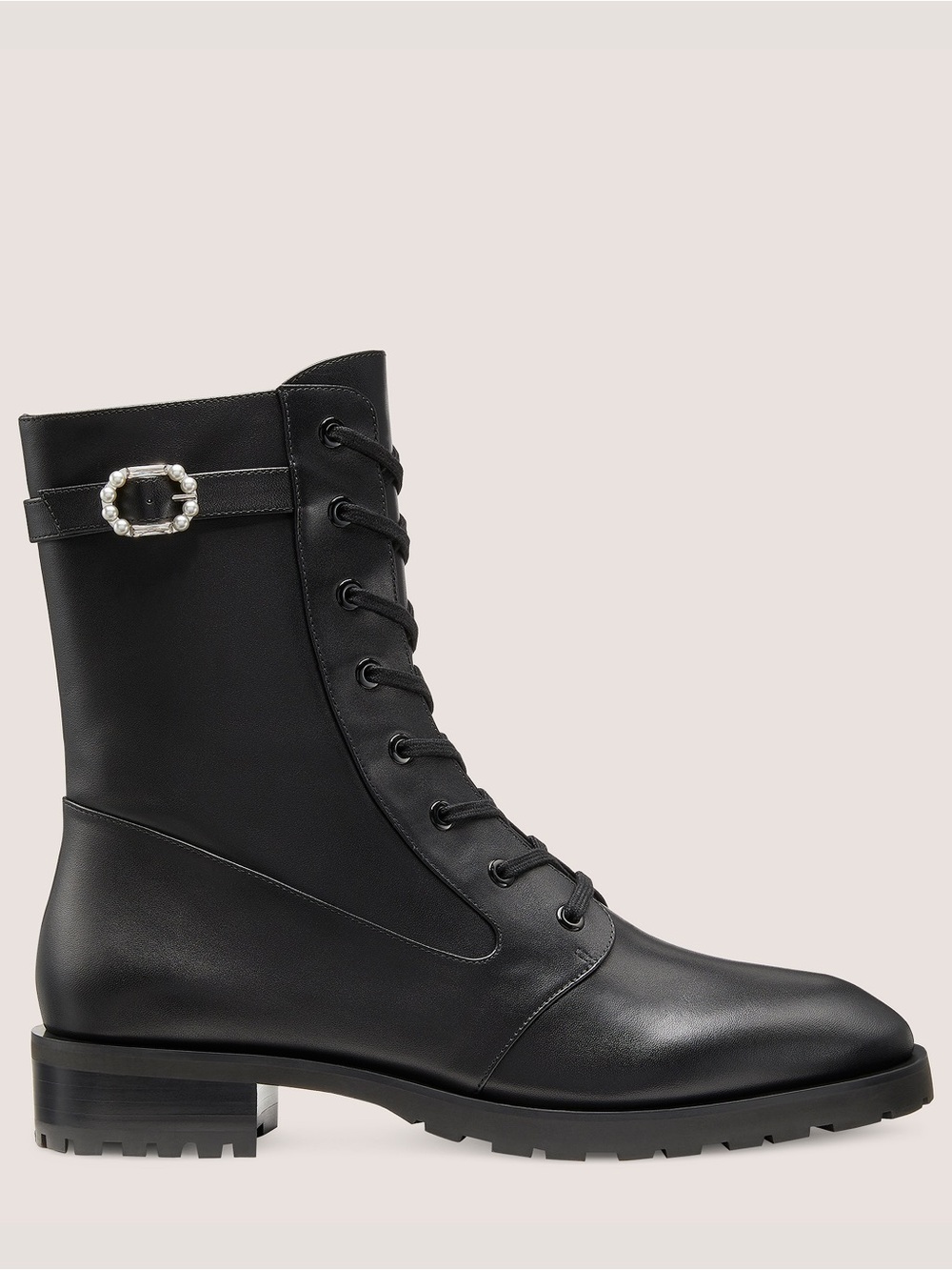 Stuart Weitzman Black Leather Lace-Up Combat Boots with Buckle - Picture 3 of 11